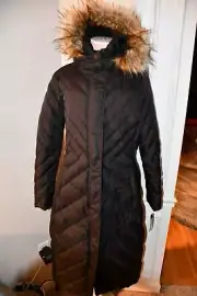 Preston & York Faux Fur Hood LONG Quilted Coat Large in Black 3 F71CP980 NWt