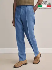 Blue Slim Fit Signature Leomaster Italian 100% Linen Fabric Suit Trousers (E82672) | $182