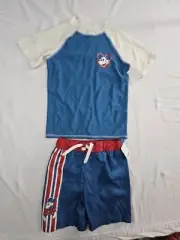 Disney Kid Swim Shirt & Trunks Small Shorts Mickey Mouse Stripe Junk Food S NEW