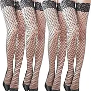 [lafomukea] 4 Pairs Fishnet Thigh High Stocking, Anti-skid Silicone Lace, Sheer Over Knee Stocking, Stockings for Women (Black), Black, One Size