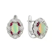 Art Deco Style Lab-Created Diamond Opal Ruby Earrings For Her 14KWhite Gold FN