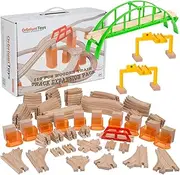 Orbrium 110 PCs Toys Multi-Level Wooden Train Track Expansion Pack with Stackable Track Riser Stabilizers Generic Fits Thomas Brio Chuggington Set