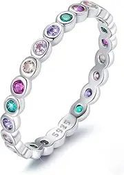 [BISAER] 925 Sterling Silver Fashion Stackable Rings for Women Colorful Cubic Zirconia Stacking Eternity Ring Rainbow Jewelry Gifts