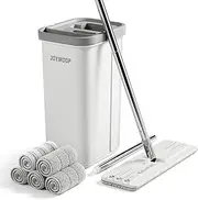 [JOYMOOP] Microfiber Mop and Bucket Set, White Flat Mop and Bucket with Wringer Set for Home Floor Cleaning, Microfiber Mopper with Flat Head with 5 Microfiber Cloths