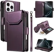 Wallet Case for iPhone 15,Retro 11 Card Holder Slots Pocket Handbag PU Leather Magnetic Closure Kickstand with Wrist Strap TPU Shockproof Flip Case,Purple