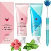 2023 New Probiotic Tongue Cleaning Gel Set, Tongue Scraper Precise Cleaning Brush Kit, Easy To Use Tongue Scrubber for Men Women with 1Tongue Brush (Mint+Peaches)
