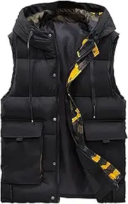 [JEShifangjiusu] Men's Sleeveless Down Vest Coat Pulling Rope Hooded Jacket Insulated Quilted Outerwear With Pocket