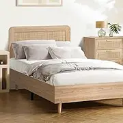 Oikiture King Single Bed Frame, Rattan Headboard Wooden Bed