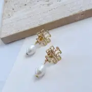 Tory Burch Classic DoubleT Pearl Drop Lady Classic Earrings