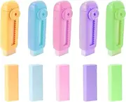 10 Pack Sliding Retractable Pencil Erasers - Cute 5-Color Design with 5 Refill Erasers for Kids, Students, School, Office, and Home