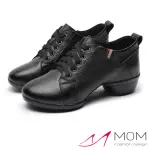 【MOM】真皮休閒鞋 粗跟休閒鞋/真皮軟底粗跟繫帶休閒鞋 舞鞋(黑)