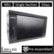 LDR Assembled 6U Wall Mount Cabinet (600mm x 450mm) Glass Door - Black Metal Construction - Top Fan Vents - Side Access Panels