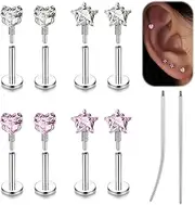 [BodyAce] 16G 18G Tragus Piercing Lip Bars Long Internally Threaded Nose Stud Flat Back Earrings Heart Monroe Labret Medusa Jewellery Pink CZ Cartilage Helix Studs Star.