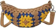 [Generic] Women Knitted Woven Bag Slouchy Dumpling Bag Large Capacity Trendy Messenger Bag Zipper Closure Simple Half Moon Bag Summer Beach Bag