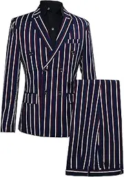 [Zylphorix] Mens 2 Piece Stripe Suit Set Pinstripe Double Breasted Tuxedo Suit Blazer Trousers Party Wedding Set