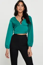 Green Long Sleeve Ruched Top - Size S, Women's Cami