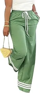 [WOKANSE] Women's High Waisted Drawstring Wide Leg Sweatpants Casual Loose Striped Long Pants with Pockets