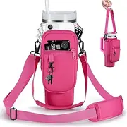 Water Bottle Carrier Bag with Phone Pocket for Pink Stanley 40 oz Tumbler with Handle, Hot Pink Insulated Neoprene Cup Holder Pouch Strap for Valentines Stanley Cup Accessories