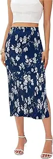[Abaadlw] Maxi Skirts for Women with Slit Long Midi Length Floral Elastic Pleated Skirt for Party Holiday, Floral Navy Blue, Medium