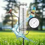 27" Rain Gauge Outdoor, Metal Bird & Dragonfly Garden Stake Decorative with Thermometer, 8” Glass Waterproof Freeze Proof Rain Tube Gauge, Glass Rain Gauge Outdoor for Yard, Lawn and Patio