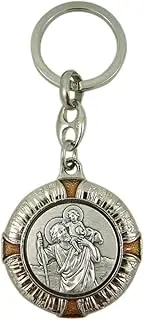 [Catholic Patron Saint Keychains] Silver Toned and Enamel Catholic Patron Saint Medal Keychain, 1 1/2 Inch