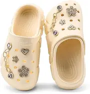 [HoEase] Girls' 3D Floral & Chain Decor Clog Shoes, Platform Soft Sole Closed Toe EVA Home Garden Shoes, Two-Way Wear Breathable Beach Slides, Trendy Non-Slip Slip-On Sandals