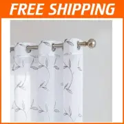 Elegant Pair of 2 Sheer White Faux-Linen Curtains with Charcoal Leaf Embroidery
