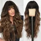 Brown with Blonde Highlight Wig with Bangs Long Wavy Synthetic Wig for Women ...