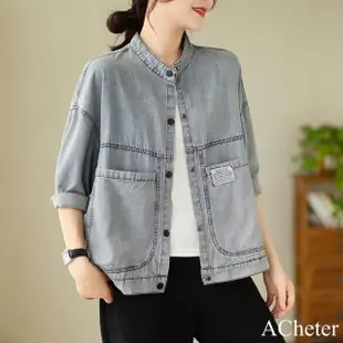 【ACheter】牛仔短版長袖外套韓版水洗做舊工裝風貼標復古小立領夾克#120065(藍)