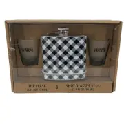 Buffalo Plaid Hip Flask Shot Glass Set Warm Fuzzy Black White Gingham NEW Gift