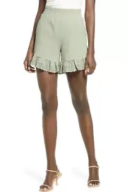 Vero Moda NWT Juna Ruffle Pull On Hi Rise Shorts Sz M Elastic Waist Sage Green