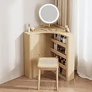 Vanity Desk with Mirror and Lights, Corner Makeup Desk with Stool,Wooden Makeup Desk 3 Color Lighting Modes,Vanity Table for Girls Women Bedroom Dressing Room(Natural)