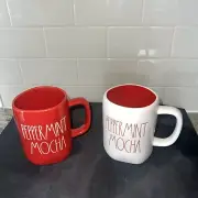 Rea Dunn set Of two peppermint mocha coffee cups one red one white new