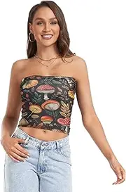 [RPLIFE] Vintage Mushrooms Crop Tube Tops for Women, Trendy Crop Tops, Sheer Tube Tops, Coquette Summer Clothes (S)