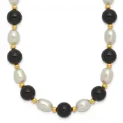 14K Yellow Gold 6-7mm White Rice Fw Cultured Pearl Onyx Bead Necklace