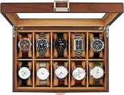 GUKA Watch Box 10 Slot Display Case Real Glass Organizer Storage Holder Large Watch,Men Accessories Organizer with Real Glass Window Top for Men and Women, dark brown