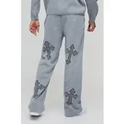 Mens Grey Relaxed Fit Laddered Cross Raw Edge Knitted Jogger