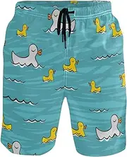 [GuoChe] Mens Funny Swim Trunks Cute Yellow Ducks Swimming Lake Blue Quick Dry Swimwear Board Shorts Mens Swim Trunk Pants with