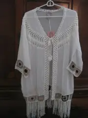 NWT ANTROPOLOGIE OLIVER BY ESCIO GORGEOUS CROCHET TOP CARDIGAN W/FRINGES SIZE M