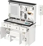 Vanity Desk with Touch Control LED Mirror, 3 Drawers, 2 Barns, Charging Station, Open Shelves, Rustic Wood Grain Finish - Stylish Makeup Table with Stool for Home Decor White