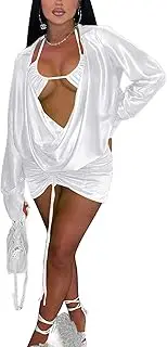[Doweha] Women's Sexy Long Sleeve Two 2 Pieces Outfits Sheer Mesh Mini Dress Skirt Set Top V Neck Backless Ruched Bodycon Cover Up
