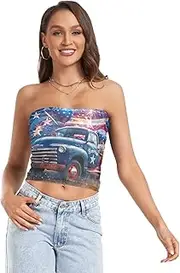 [RPLIFE] of July Blue Truck Balloons Tube Top Strapless Tank Top, Sheer Tube Tops, Trendy Crop Tops (S)