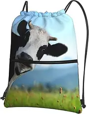 EdWal Cute Cow Print Drawstring Backpack Gym Bags Sports Bags With Zipper Pocket For Travel Beach, Black, One Size