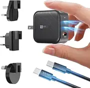 HEYMIX 66W GaN Charger, 65W USB C Fast Charger, Dual USB C Wall Adapter, 3-Port PPS USB-C Power Plug with 100W USB C Cable & Travel Plug Compatible with MacBook, Lenovo, iPhone 14/13, Samsung S22/S21