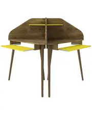 Manhattan Comfort Bradley 4Pc Round Sectional Cubicle Desk With Keyboard Shelf In Rustic Brown And Yellow