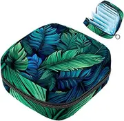Period Bag,Sanitary Napkin Storage Bag,Blue Green Tropical Leaves,Tampon Holder for Purse