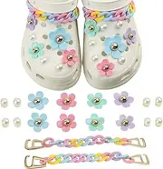 [heigudan] 18 PCS Flower Pearl Shoe Charms, Bling Shoe Decoration with 2 Chains, Cute Accessories Charms for Kids Girls Women, plastics