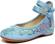 [Gikleihwy] Chinese Peacock Embroidery Flats Shoes for Womens Ladies Slip On Ankle Strap Mary Jane Yoga Dress Shoes Wide Width Cheongsam Walking Sandals(Blue,7 US)