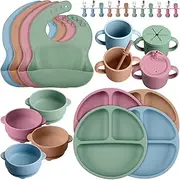 Yinder 32 Pack Silicone Baby Feeding Set Baby LED Weaning Supplies Includes Suction Divided Plates Soft Bowl Spoons Forks Adjustable Bib Snack Cup with Lid and Straws
