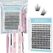 KevKev Lash Clusters Kit Eyelash Clusters Kit 144pcs Cluster Eyelash Extensions Kit DIY Lash Extension Kit Wispy Lash Clusters with Lash Bond and Seal Lash Applicator Lash Remover(Cloudy, D-8-18mix)